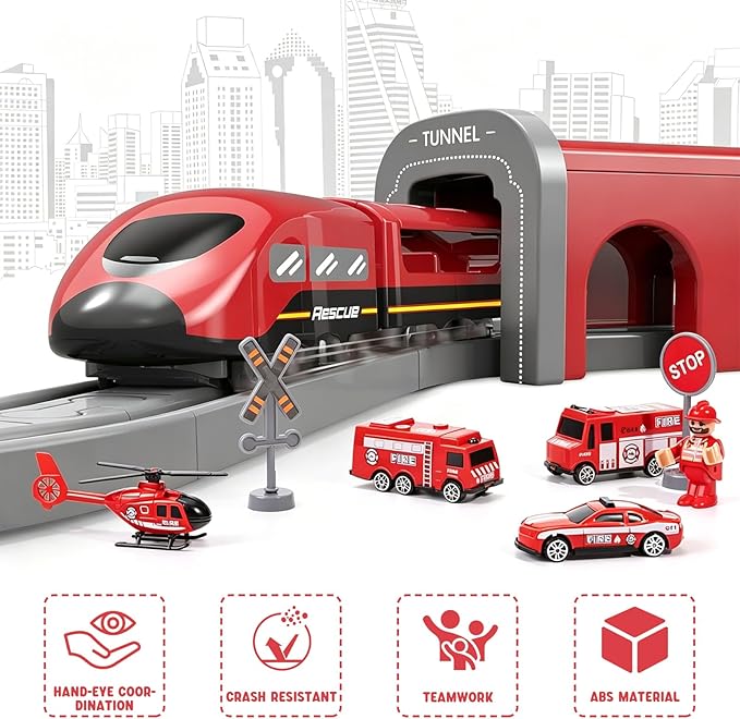 Wdmiya Train Sets for Toddlers, 66 Pcs Trains Toy with Battery Operated & Tracks (Magnetic Connection), Compatible with Thomas, Brio, Christmas Toy Gifts for 3 4 5 6 7 8 Years Old (Fire Engines)