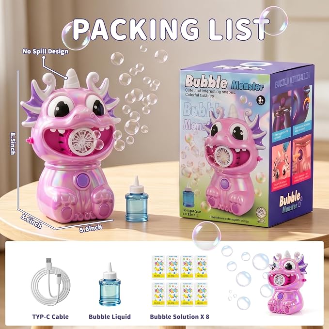No Spill Bubble Machine for Kids, Rechargeable Bubble Monster (Pink) | Unique Designs Fashion Polished Surface, Colorful Bubble Maker for Indoor Outdoor Birthday Party Xmas Present