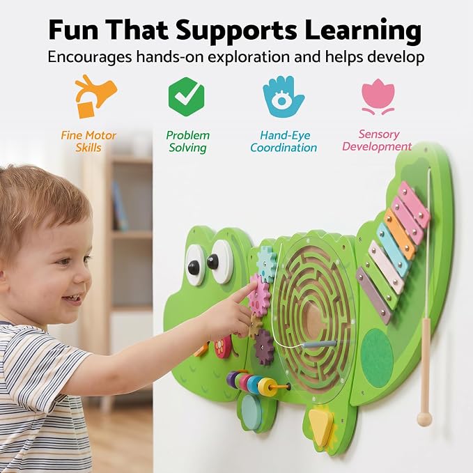 WOODENFUN Wooden Activity Wall Busy Board for Toddlers, 8 in 1 Crocodile Montessori Sensory Wall Panel with Bead Maze, Baby Activity Center Learning Toys for Boys Girls