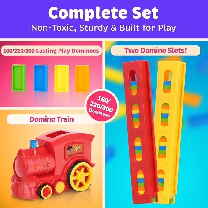 Atlasonix Domino Train | Domino Train for Kids | Dominos for Kids - Automatic Domino Laying Toy Set (300, 220,160 Blocks) with Colorful Dominos - Montessori STEM Toy