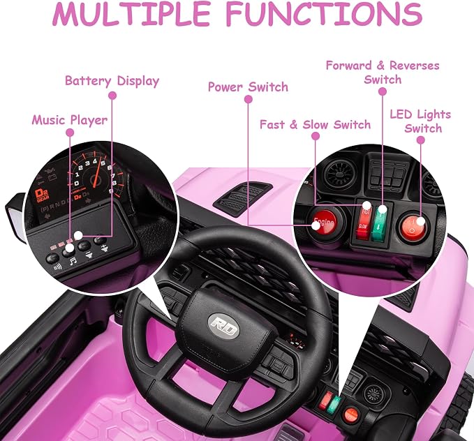 GarveeLife 12V Kids Ride On Truck Electric Vehicle Battery Powered Car Toddlers Ride On Toy for Boys Girls with Remote Control, 4-Wheel Suspension, Battery Display, LED Lights, Music, Pink