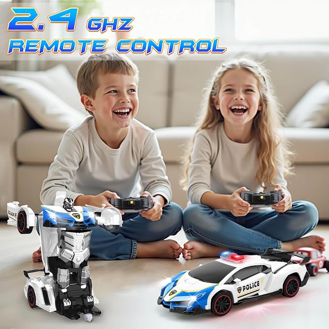 Remote Control Car Transformer Toys for Boy 4-6 Years Old: One-Button Transforming Police Car with LED Light & 360° Rotation Drifting 2.4 Ghz Robot RC Car Christmas Birthday Gift Idea for Kids