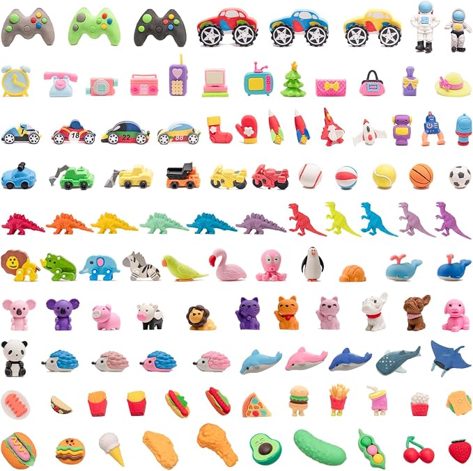 110pcs 3D Cute Kids Erasers, Random Desktop Pet Toys Gifts, Classroom Rewards Kids Party Gifts, Various Styles Such as Animals, Food, Plants, Space, Princess, Sports, Halloween, Christmas