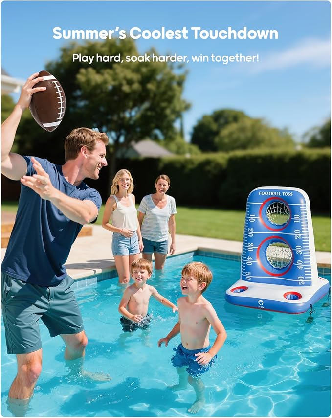 QPAU Inflatable Football Toss Game for Pool – Water Football Target with 4 Balls & 2 Pumps, Dual Net Design, Stable Base, Summer Pool Game for Kids & Adults (Blue+White)