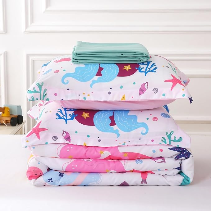 Wajade Kids Mermaids Comforter Set Bed in A Bag Twin Size 7 Piece Colorful 3D Cartoon Mermaids Bedding Set for Girls (1 Comforter, 1 Flat Sheet, 1 Fitted Sheet, 2 Pillowcase and 2 Pillow Sham)