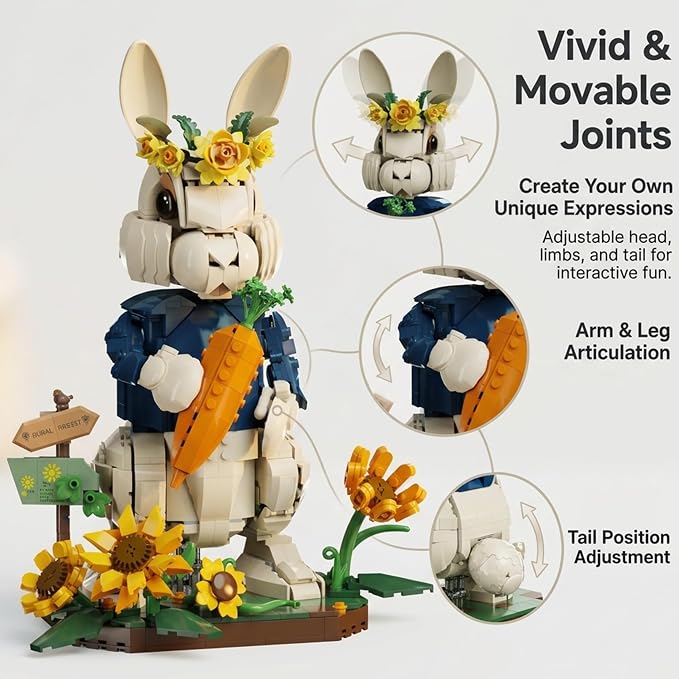 Wonderland Bunny Building Blocks Set, Compatible with Lego Flowers, Creator Cute Rabbit Toys with Carrot & Sunflower Display Base Creative Gift for Adults Home & Office Desk Decor (1258PCS)