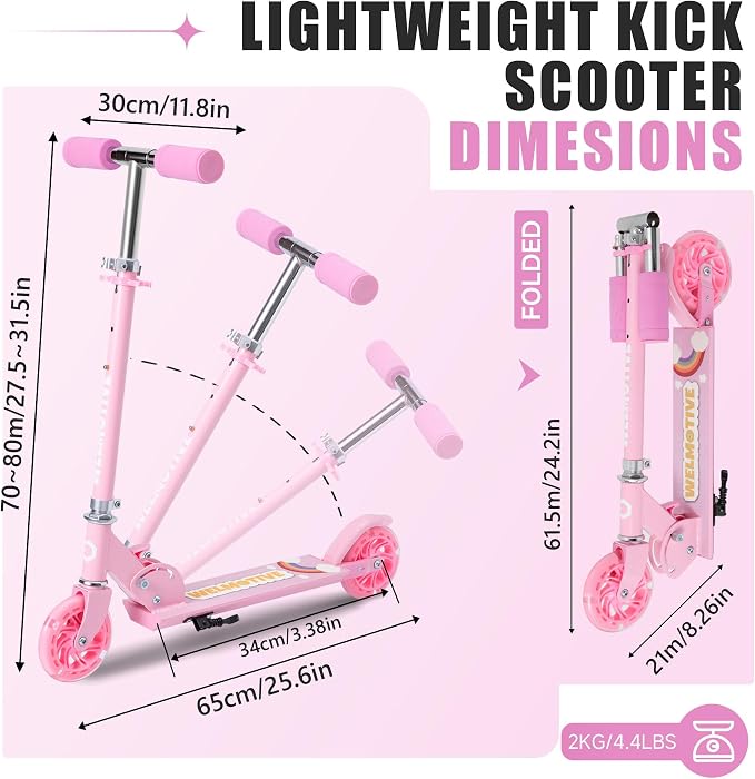 Kick Scooter for 3+Years Old Boys & Girls Lightweight, Foldable, Aluminum Frame, and Adjustable Handlebars, Rear Brake, and Flashing Light up Wheels