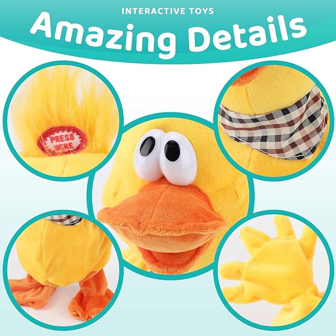 13" Quacking Duck Musical Stuffed Animal Plushies Walking Singing Waving Electronic Interactive Plush Toy for Kids Boys Easter
