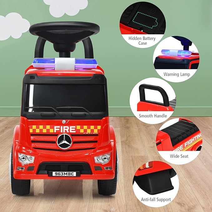 Costzon Ride On Push Car for Toddlers, Licensed Mercedes Benz Sliding Car w/Steering Wheel, Horn, Headlights, Under Seat Storage, Foot-to-Floor Riding Toy for Boys Girls 18-36 Months (Fire Truck, Red)