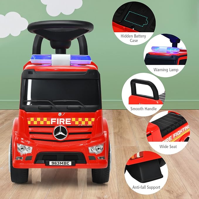 HONEY JOY Ride On Push Car, Licensed Mercedes Benz Push Cars for Toddlers w/Horn, Music, Lights, Under Seat Storage, Foot-to-Floor Ride On Fire Truck Toy for Kids Boys Girls 1-3, Red