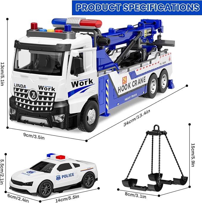 Crane Tow Truck Toy for Car Truck Rescue Police Pickup Road Clearance Vehicle Construction Vehicles Lights Sounds Christmas Birthday Easter Gift for Kids Boys 3 4 5 6 7 8 Years Old Double Hook