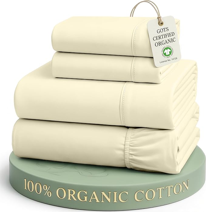 LANE LINEN California King Bed Sheets 100% Organic Cotton Soft - Vanilla | Cal King Sheets In Pure Long-Staple Organic Cotton - Breathable For Year-Round Sleep, Best-Value Organic Cotton