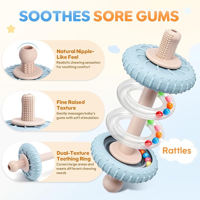 Teething Toys with Rattles for Babies 3-6 6-12 Months, Food Grade Silicone Sensory Teether Straws Sticks, Infants Newborn Tubes Chew Toys for Teething Relief and Sucking Needs