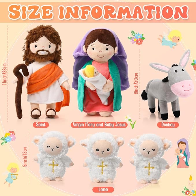HyDren 6 Pcs Jesus Plush Doll, Christian Gift Nativity Set Religious Plush Doll 11 Inch Saint Virgin Mary with Baby Jesus and Donkey Lambs, God Christening Gift for Christmas Kids Church Nursery
