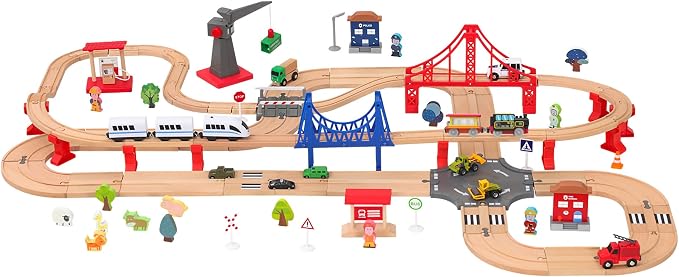 Motorized Train for Wooden Track – Black & Red Steam Locomotive with Flashing Carriage that Reveals Passenger Images, Lights & Sounds, Compatible with Thomas & Brio, Gift for Toddlers 3+