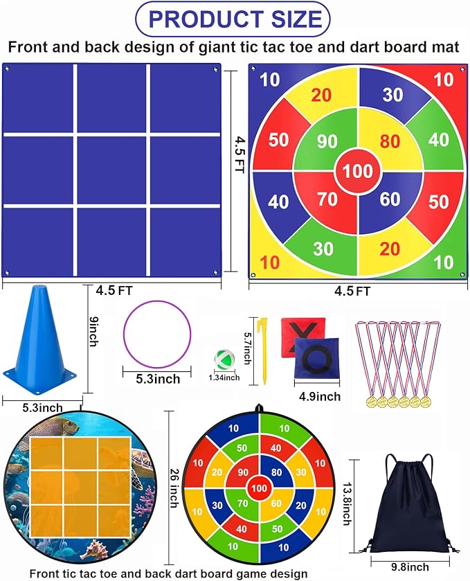 Outdoor Giant Tic Tac Toe Yard Games Double-Sided with Bean Bag Toss Mat, 26" Dart Board with Sticky Balls, Soft Plastic Cones Ring Toss Game for Kids Adults Family Indoor Outside Carnival Lawn Games