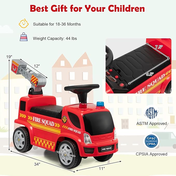Costzon Kids Ride On Fire Truck, Ride On Push Car with Ladder Bubble Maker, Headlights, Siren Sounds & Music, Foot-to-Floor Sliding Car for Toddlers, Gift for Boys Girls Aged 18-36 Months