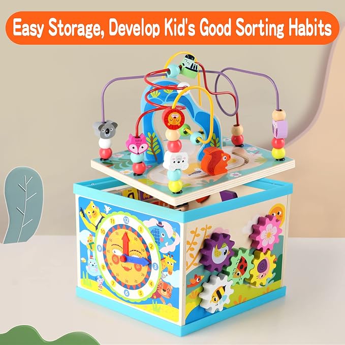 Qilay 5-in-1 Wooden Activity Cube for Toddlers 1-3(Large),Multipurpose Toddler Activity Center with Bead Maze & Shape Sorter, Early Educational Toy First Birthday Present for Boys Girls