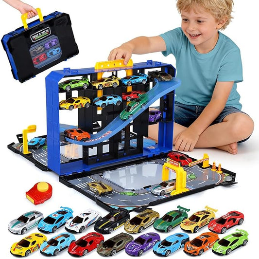 Drefirsa 32 in 1 Race Car Track Set, Toy Cars for Boys Age 3-5 4-7 | 16pcs Diecast Alloy Vehicle,1:64 Scale, 2 Launchers, Race Track, Portable Storage Case for Travel, Gift for 3 4 5 6 Year Boy