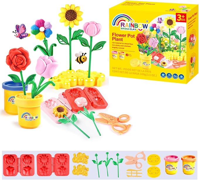 Yositochuan Flower Play Dough Set for Kids, 15PCS DIY Flower Clay Kit with Molds & Pot, Doh Art Craft Toy, Preschool Educational Sensory Gift for Boys Girls Ages 3 4 5 6 7 8