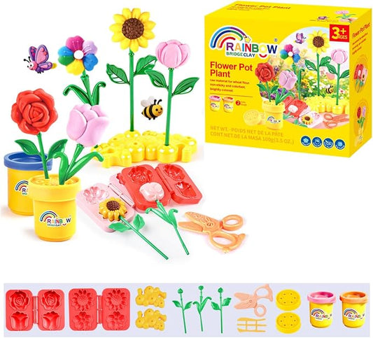 Yositochuan Flower Play Dough Set for Kids, 15PCS DIY Flower Clay Kit with Molds & Pot, Doh Art Craft Toy, Preschool Educational Sensory Gift for Boys Girls Ages 3 4 5 6 7 8