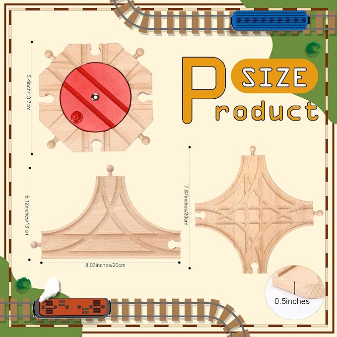 RoundFunny 3 Pcs Wooden Train Track Expansion Set Wooden Train Accessories 8 Way Wood Track Turntable, Forked Rails and Wood T Train Track Compatible with Most Railroad for Table Tabletop Activities