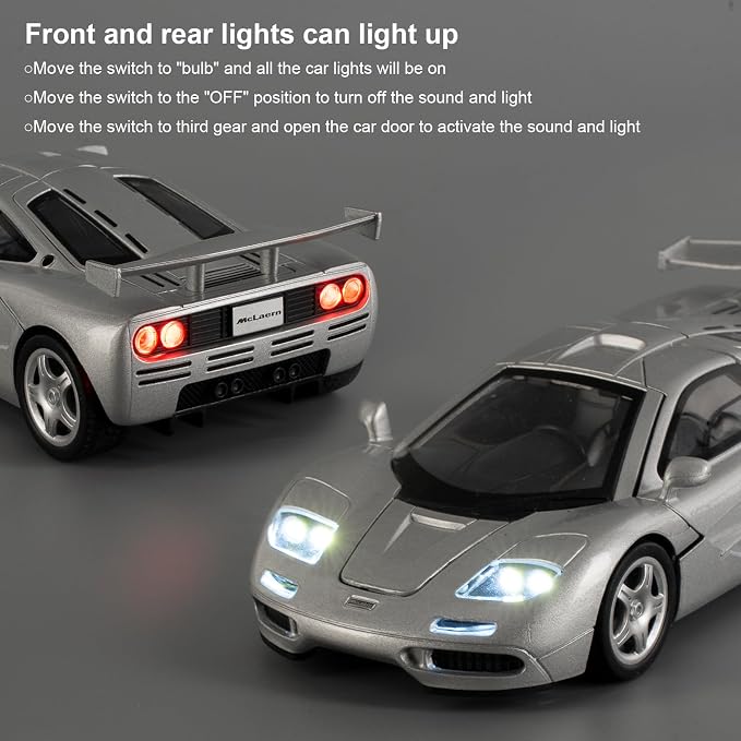 1/32 Car Model Compatible for Collectible McLaren F1 Supercar Diecast Toy Car, Zinc Alloy Pull Back Vehicles Toy with Sound and Light for Adult Boys Girls 3 4 5 6 7 8 Silver