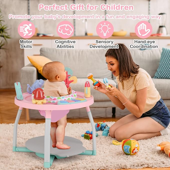 HONEY JOY Baby Activity Center, 5 in 1 Infant Jumper & Standing Play Table w/ 360° Rotary Seat, 6 Toys, 3 Adjustable Heights, Lights, Music & Sounds, Activity Center for Babies 6-36 Months (Pink)