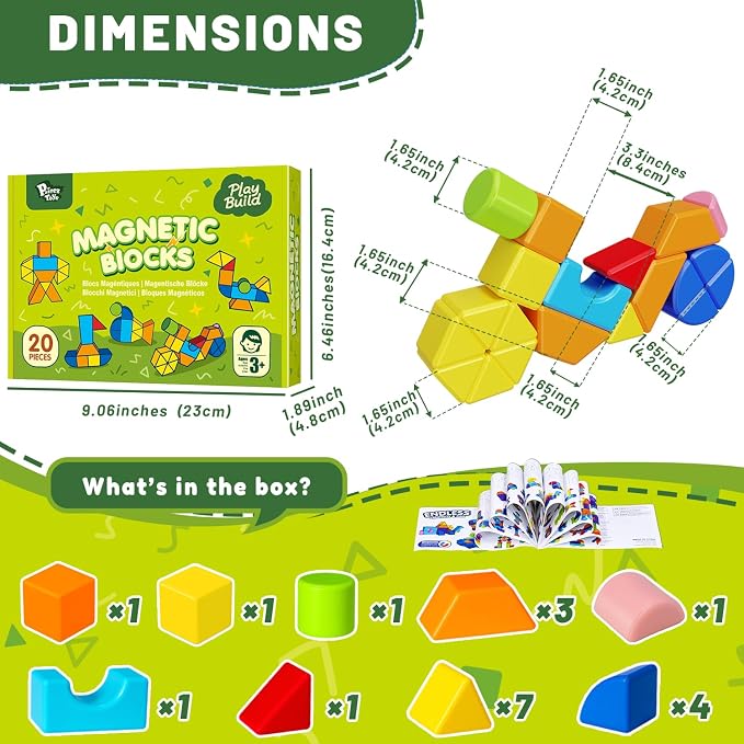 Pairez Toys Magnetic Stacking Blocks for Kids, 1.65 Inch Large Magnetic Cubes & 8 Shapes, 20 PCS Magnet Toys, Montessori & Sensory Building Toys for Boys & Girls Ages 3+