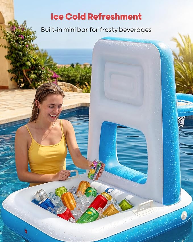 QPAU Pool Basketball Hoop with Built-in Cooler, 42" Poolside & Floating Inflatable Basketball Hoop for Family Pool Party — Swimming Pool Games for Kids & Adults, Includes 2 Balls & Pumps