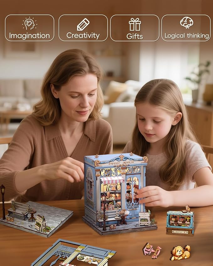 Cutefun Book Nook Kit - DIY Miniature Dollhouse Booknook Kit for Adults and Teens, 3D Wooden Puzzle Bookshelf Insert Decor with LED Light, Gifts for Book Lovers and Beginners (Sweet Marie)