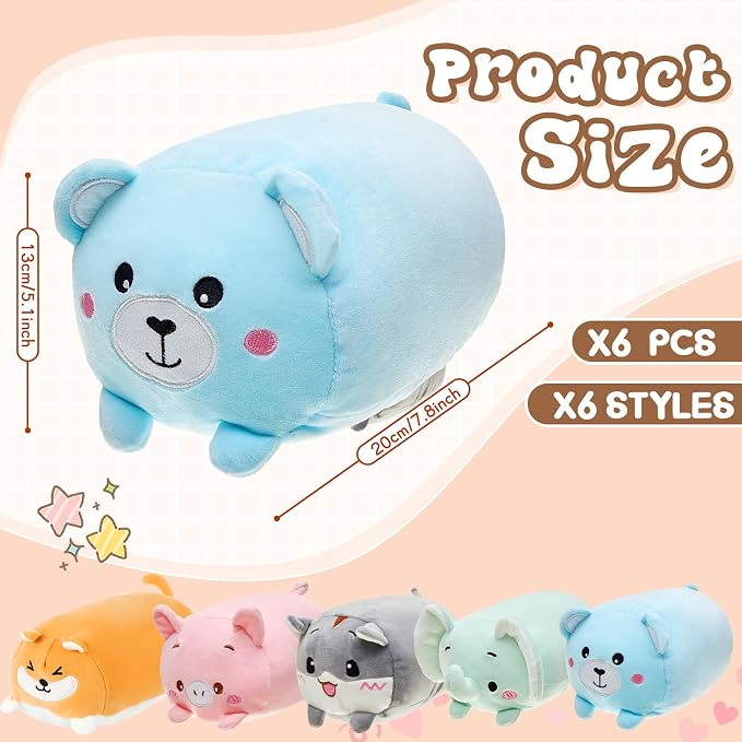 Leitee 6 Pcs Stuffed Animals Plushies Bulk 8 Inch Cute Plush Toys Plush Pillow for Boys Girls Birthday Gift Box Toys for Kids Back to School Classroom Prize Christmas Party Favors Bulk (Cute Animal 2)
