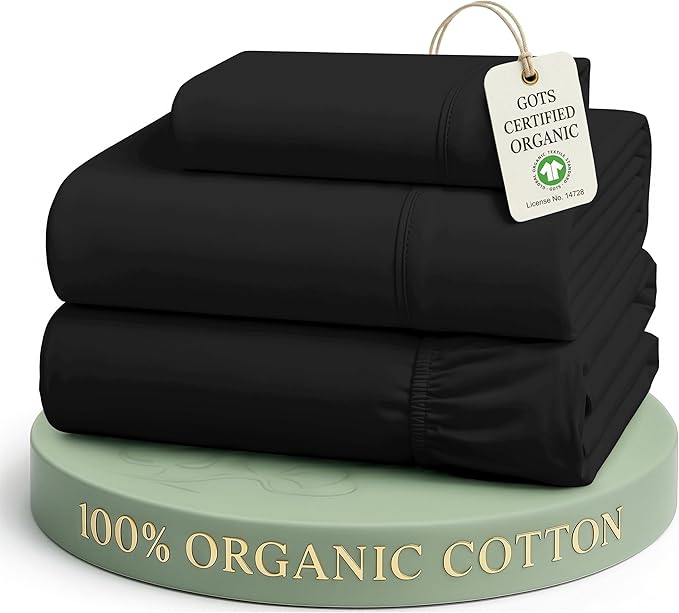 LANE LINEN Twin XL Sheets 100% Organic Cotton Soft 3pc Percale - Black | Organic Cotton Percale Twin XL Sheet Set - Naturally Cooling & Lightweight, Cool All Summer, Cozy All Winter