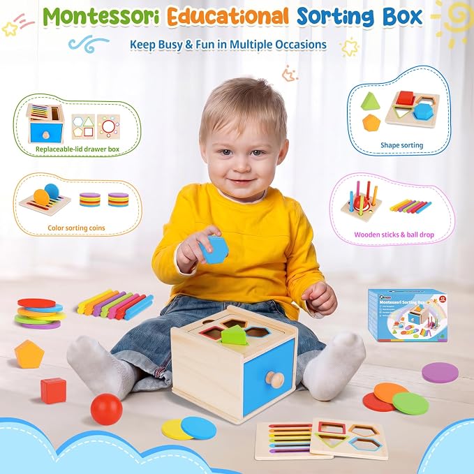 FCSONU Toddler Montessori Toys for 1 2 3 Year Old, 3in1 Shape Sorter For Toddlers 1-3 Fine Motor Skills Toys, Drawer Coin Box Color Sorting Toys Sensory Toys, Christmas Birthday Gifts for Boy Girl Kid