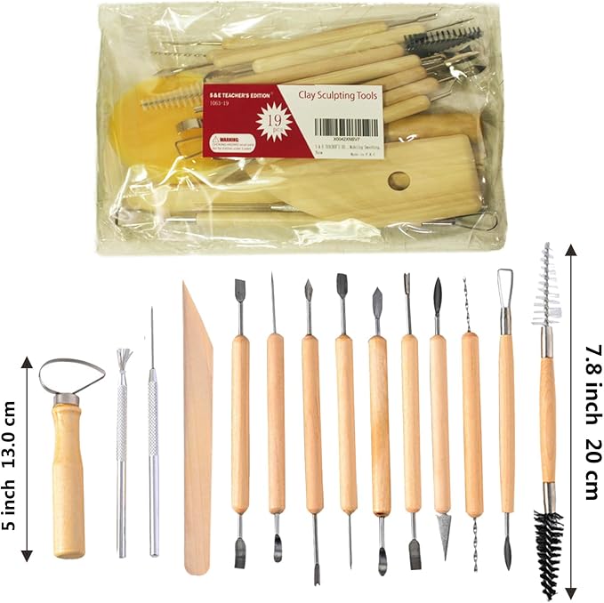 S & E TEACHER'S EDITION 19 Pcs Pottery Tools & Clay Sculpting Tools, Double Sided Ceramic Clay Carving Tool Set for Pottery Modeling Smoothing.