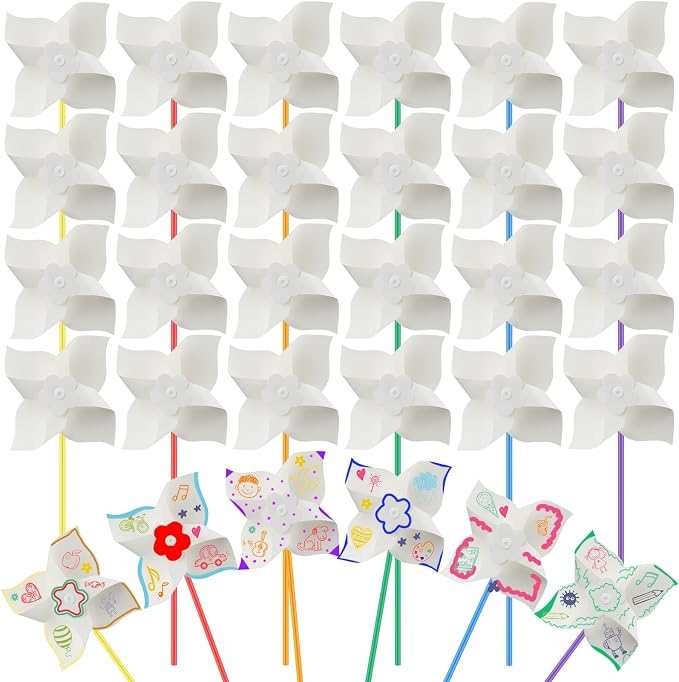 Poen 24 Pcs DIY Pinwheels for Kids Bulk, Color Your Own White Pinwheels Summer Activity Paper Craft Coloring Patriotic Blank Windmills VBS 4th of July Sunday School Party Favor Supplies, 5 Inches