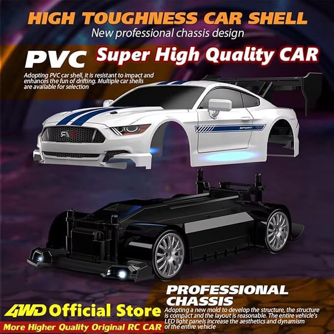 1:24 Scale RC Drift Car 4WD 2.4GHz 30KM/H High Speed Racing Sport Toy Car with LED Lights Racing and Drift Wheels Suitable for Beginners (8608-Yellow)