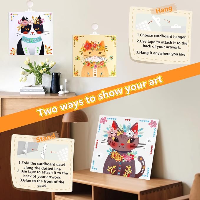 Marlrin Cat Diamond Art for Kids Ages 4-8, Gem Stickers Crafts Kits, DIY Arts and Crafts with Display Stand, Kitten Sticker Art Kit, Birthday Easter Gift for Boys Girls Ages 3-8