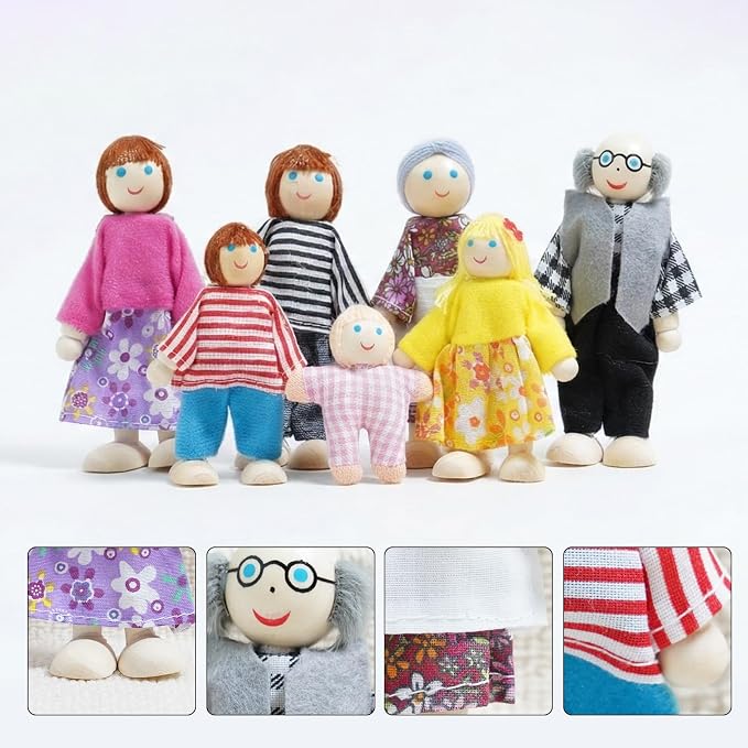 7PCS Wooden Dollhouse Dolls for Playing House Gifts for Children, Wood, Articulated Pretend Play Figures, Smooth Splinter-Free Wood, Montessori Family Set - 4.5In (Classic)