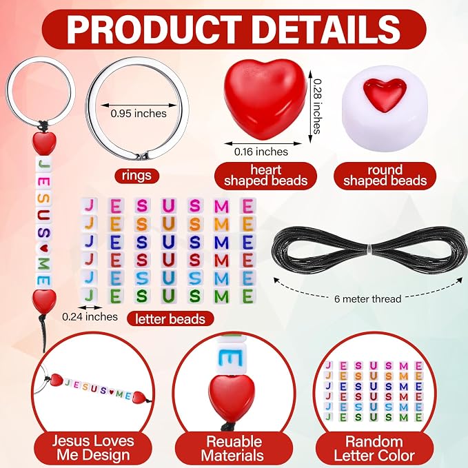 Ferreve 36 Sets Jesus Loves Me Beads Key Chain Crafts Kit for Kids Religious DIY Keychain Bulk Inspirational Letter Heart Shape Beads Key Ring for Jewelry Making VBS Week Sunday School Christian Gifts