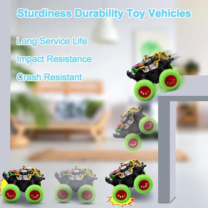 M SANMERSEN Monster Truck Toys for Kids, Friction Cars for Toddlers Push and Go 360° Rotating Stunt Car for 3+ Year Old Boys Girls Gifts (2 Pack - Blue and Green)