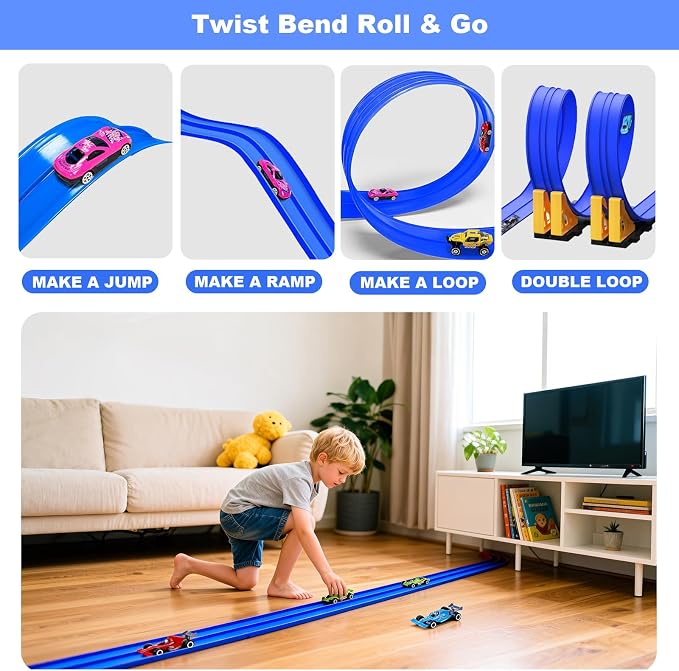 Flexible Race Track for Kids 3-5 Year Old, 15ft Flex Car Tracks for Toddlers with 2 Pull-Back Cars & 2 Alloy Cars, Portable Roll Up Racing Car Tracks, Birthday for Boys Girls