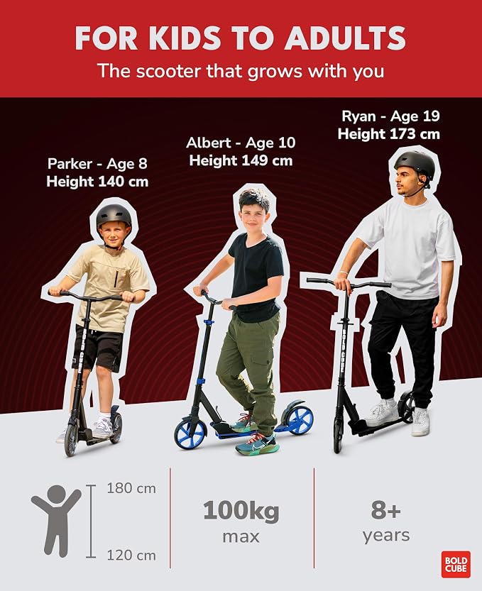 BOLDCUBE Big 2 Wheeler | Scooter for Kids & Teens Ages 7+ Years | Play & Commute | Front Suspension Fit with 200MM Wheels | Height Adjustable 86 to 111 cm