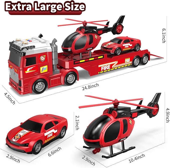 Kids Toys for Ages 3 4 5 6 7 8 Years Old Boys, 25" Large Fire Semi Truck with Helicopter & Race Car, Friction Powered Vehicle with Lights & Sounds,Birthday Gift for Boys Girls