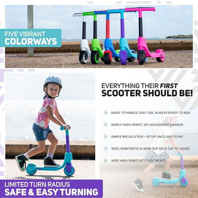 Vital First 2 Wheel Toddler Scooter | Beginner Balance Training Kids Toys for Ages 2-5 | Durable Lightweight Design & Fixed Height Kids Scooter | Wide Wheels and Foot Brake