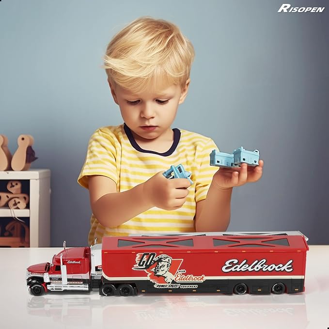 Semi Truck Toy with Trailer, 1/64 Scale Alloy Metal Diecast Heavy Semi Truck Trailer Head Toy Model, International Lonestar Diecast Tow Traktor Gift for Boy Adult Model Car Collector -Red