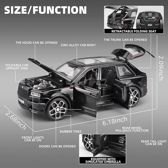 OANMYJJO Collectibles Exquisite Car Model 1:32 Rolls-Royce Cullinan Die Cast Metal Model Cars,Pull Back Toy Cars with Light and Sound,Cars Toys Gifts for Age 3+ Year Old Boys（Black）