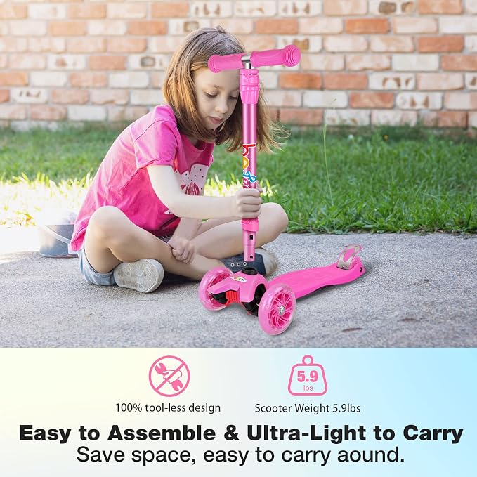 BELEEV Scooters for Kids 3 Wheel Kick Scooter for Toddlers Girls Boys, 4 Adjustable Height, Lean to Steer, Light up Wheels, Extra-Wide Deck, Easy to Assemble for Children Ages 3-12