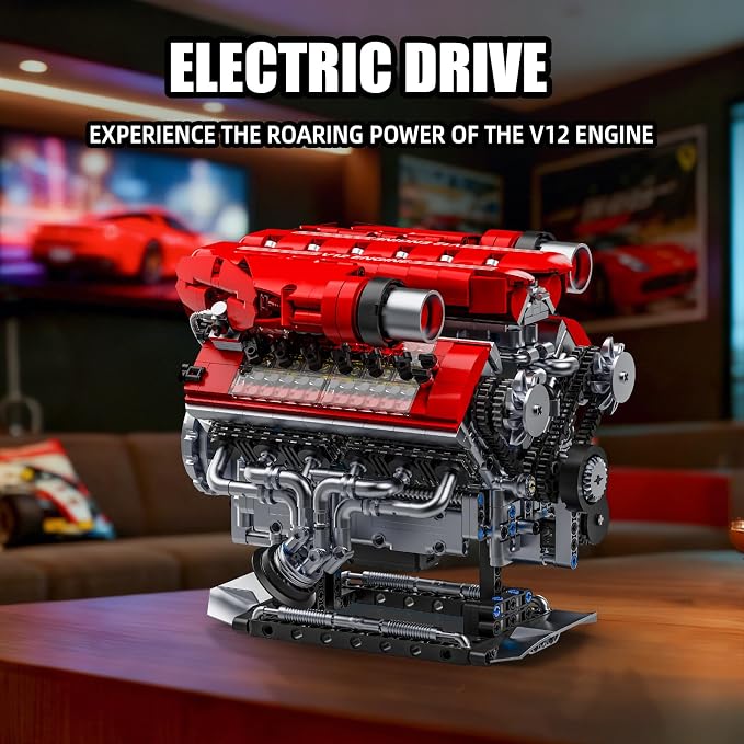 V12 Engine Model Kit That Runs, 12-Cylinder Sports Car Engine Building Set with Rechargeable Motor, Compatible with Lego for Adults, Engineering Construction STEM Toy for Teens (1607 PCS)