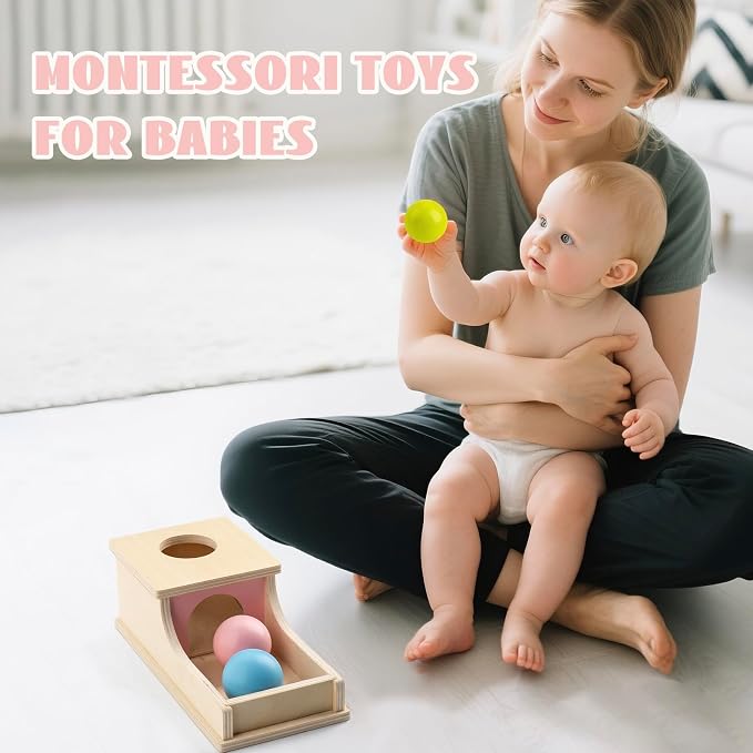 Busy edition Montessori Toys for 1 Year Old, Wooden Object Permanence Box with Tray Three Balls, Preschool Infant Toys 6-12 Months Developmental, 9 Month Old Baby Toys, Cause and Effect Ball Drop Toy